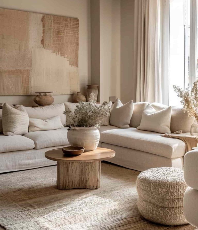 "Espacio interior minimalista con energía tranquila, decoración con materiales naturales, luz suave entrando por una ventana, sensación acog